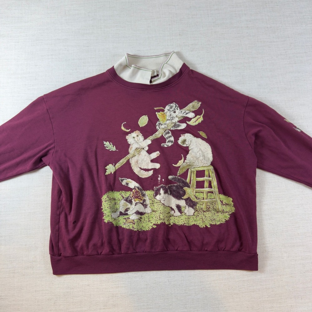Vintage Basic Editions Cat Kitten Sweatshirt Womens L Double Collar Burgundy